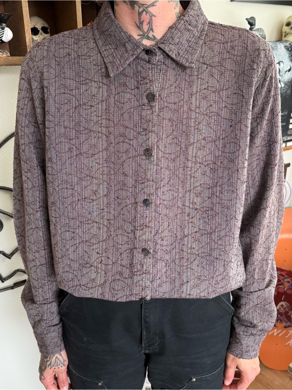 Vintage 90s Purple Abstract Jacquard Long Sleeve Button Down Shirt - Size Large
